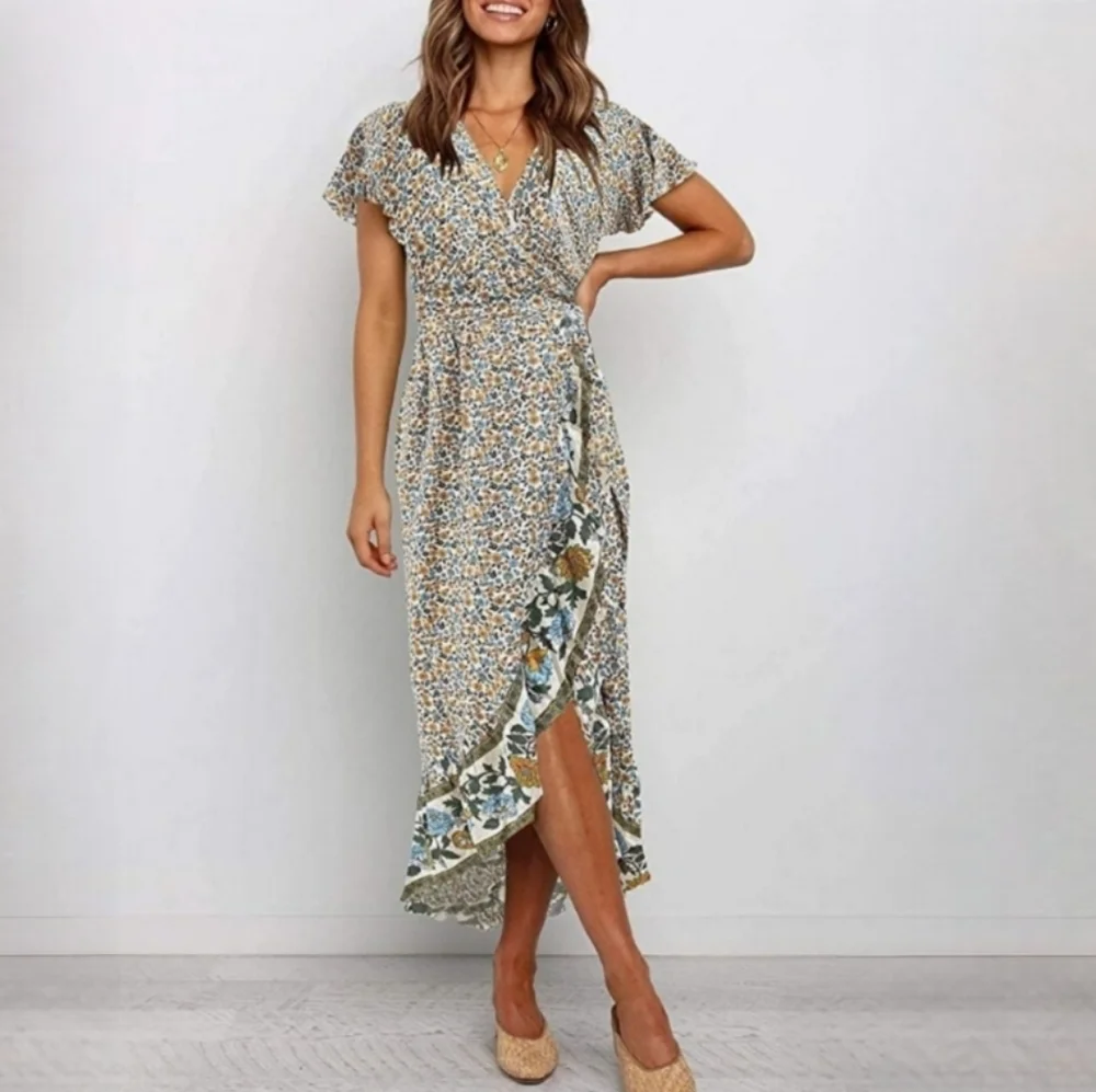 ZESICA Summer Boho Floral Printed Wrap V-Neck Beach Party Flowy Size Small - Picture 3 of 16